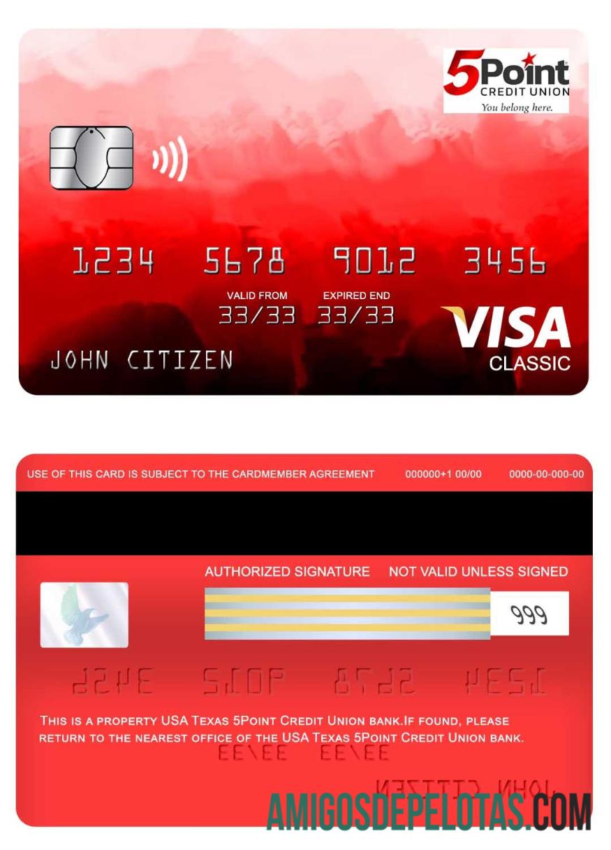 Cartão Visa Classic dos EUA Texas 5Point Credit Union Bank exemplo